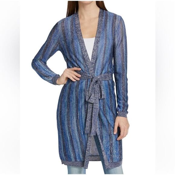 NWT L'Agence Knit Striped Tie Waist Berkeley Wrap Cardigan Blue Metallic Size XS - Picture 4 of 12